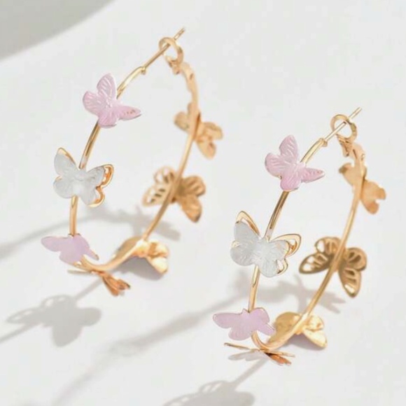 Dainty Gold Tone Butterfly Hoop Earrings - Picture 3 of 5